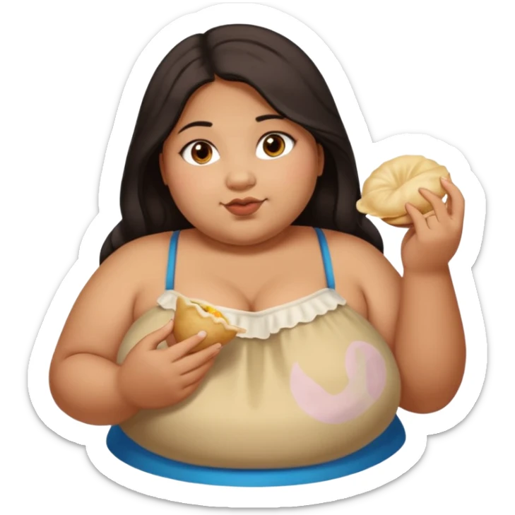 Can you create an emoji of a half Indian - half white 23 year old girl with dark brown mid length hair and brown eyes who is super obese and eating a dumpling. Full body and make her really fat sticker