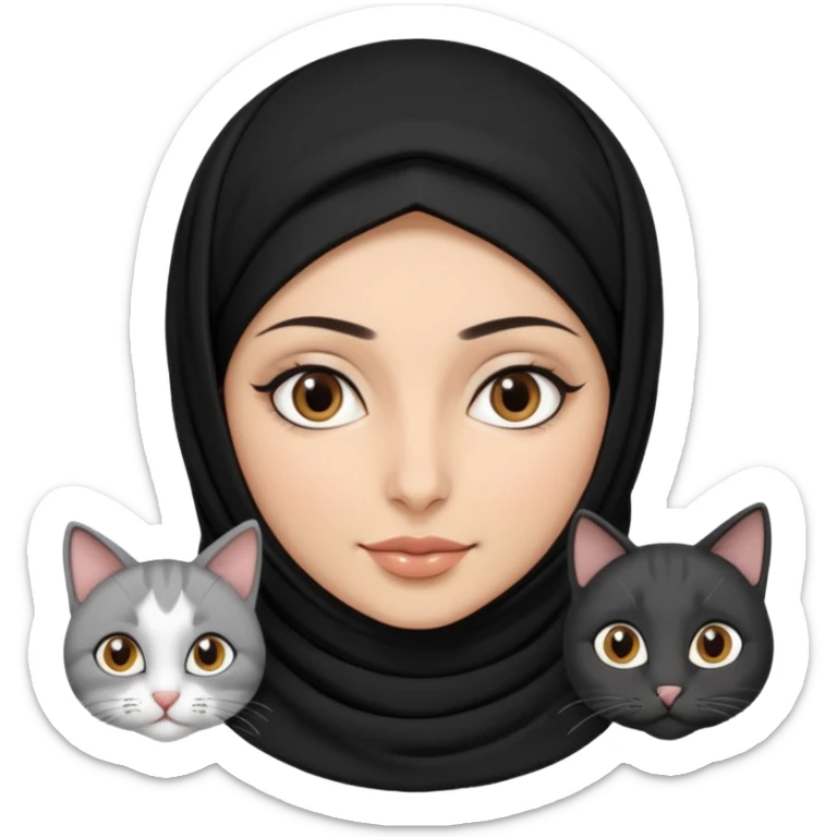 A Arabic woman human with brown eyes and black hijab. and three cats, two cats black and white and one grey cat  sticker