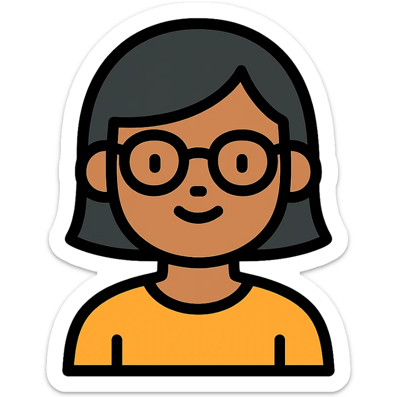 Asian girl with tan skin, short black hair, and glasses, color outline icon sticker