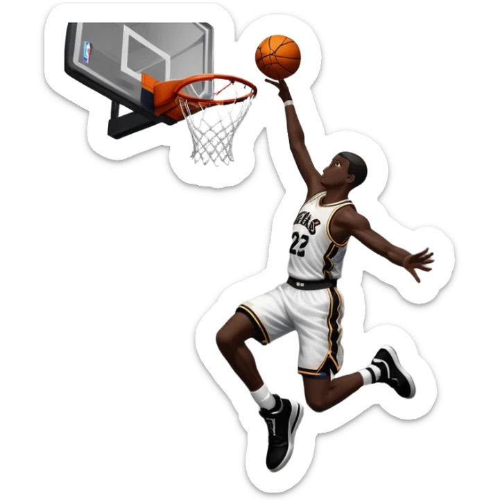 An icon showing a close-up of a basketball player in mid-air, performing an impressive dunk, inspired by NBA 2K25. The player is focused, with the ball in hand and the court in the background. Bright lights emphasize the action and excitement. Transparent background. sticker