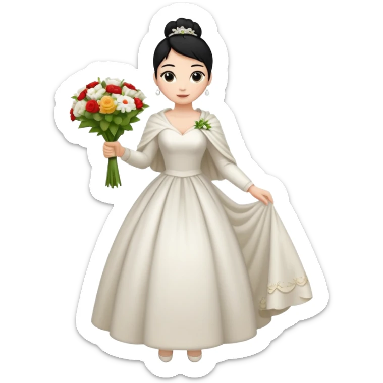 Chica blanca,cuerpo entero, vestido boda ,manga larga ,con estola, pelo negro,    ramo de flores una mano, pelo recogido en moño alto sticker