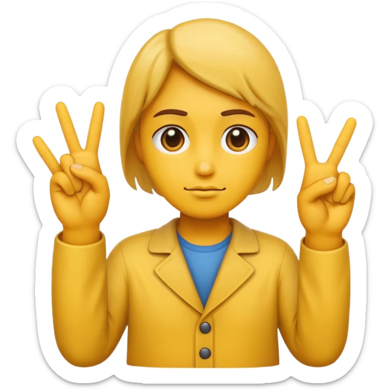 An standard yellow-color emoji that looks very serious and has his hands clasped while making a peace sign infront to portray a meaning of deep thinking or serious consideration. sticker