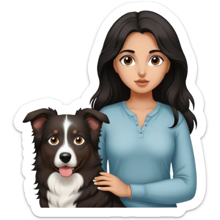 latina girl with long beautiful dark hair and dark brown eyes with a black tri Australian shepherd large sticker