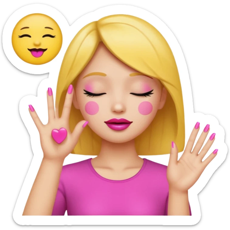 Yellow circle emoji sighing and drumming fingers up the side of their head the eye is closed it is a side profile pink lipstick and pink nails sticker