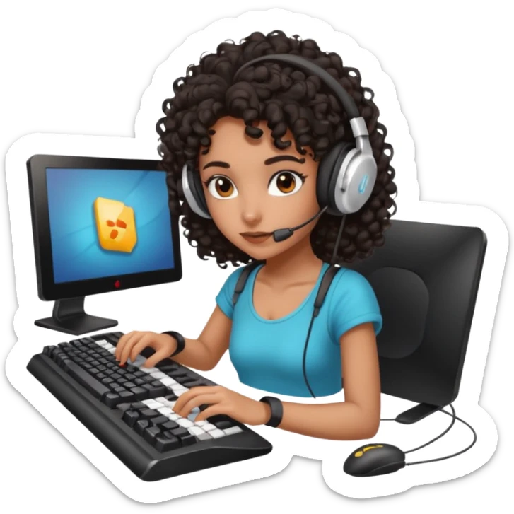 Dark Spanish girl with dark curly hair, wearing a gaming headset and playing with keyboard and mouse   sticker