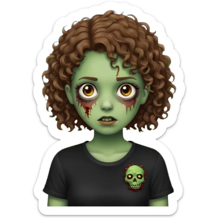 Zombie girl emoji verde com cabelo curto cacheado castanho no ombro com uma blusa preta sticker