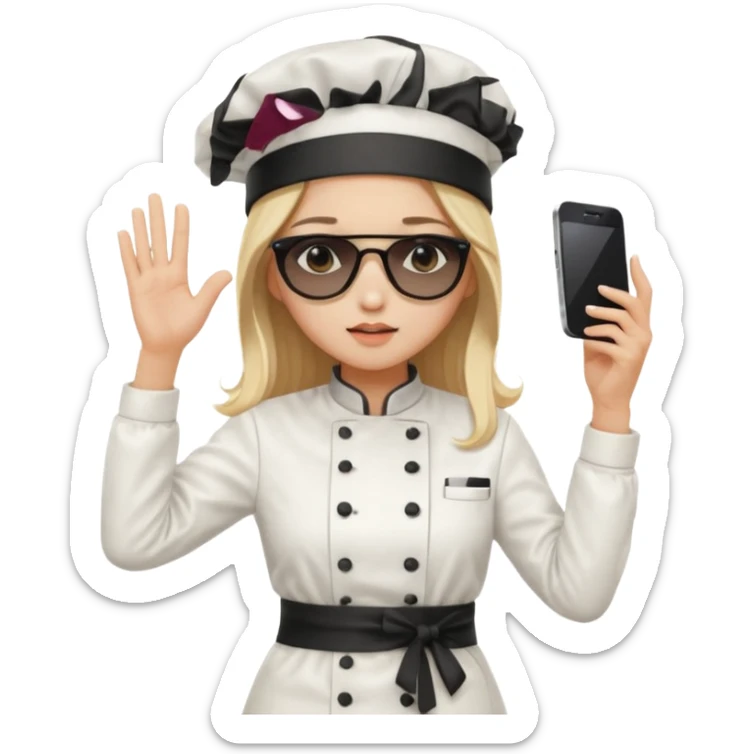 ["A sad woman with light skin, straight hair, wearing a chef hat and sunglasses, dressed in K-pop fashion, is dancing while holding a phone."] sticker
