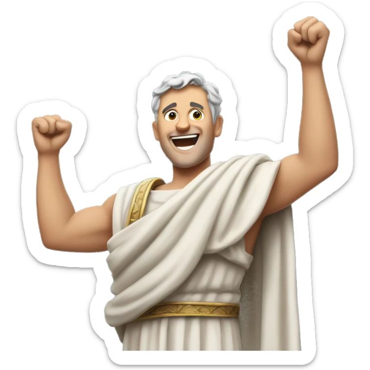 Happy Senator Raising Arms: A Roman senator in a toga, raising both arms in the air with a big smile of achievement, as if he just passed an important law in the Senate. sticker