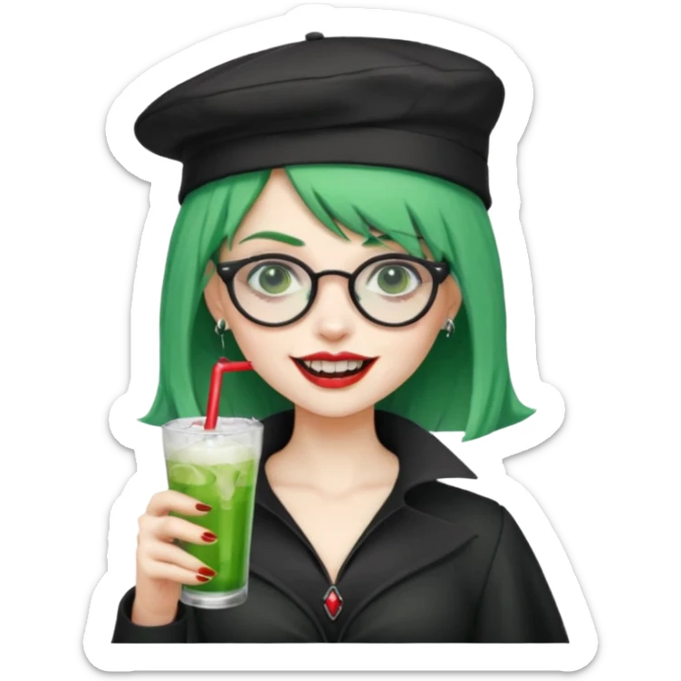 vampire green hair Drink holders with hat, wearing glasses, female,,teeth looks like vampire sticker