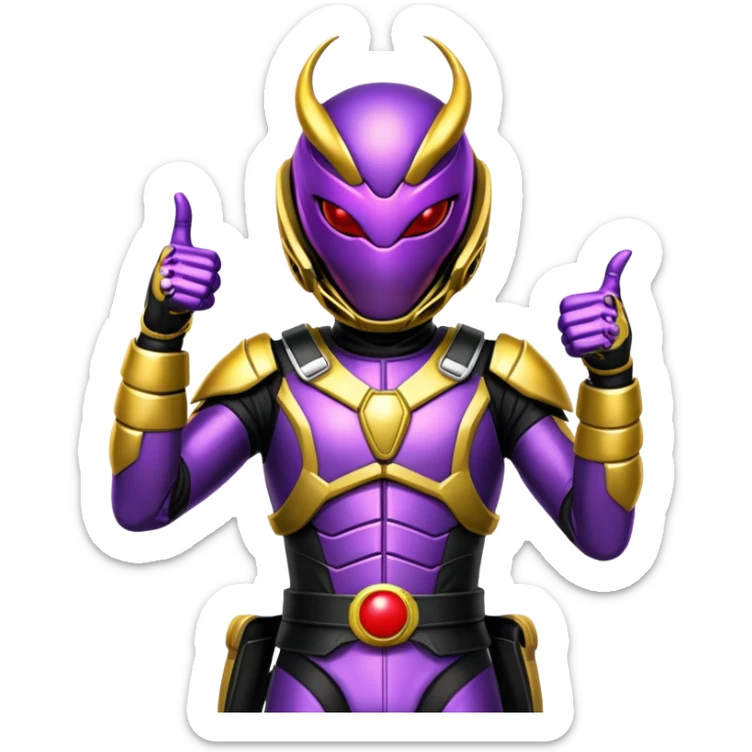 A Kamen rider his suit looks like a scorpion and the colors of the suit are purple and white and black and the belt looks like a dinosaur and the belts colors are silver and gold and red and in the middle of the belt is a shiny red ball and in the ball is a big black scorpion and the Kamen rider is giving you a thumbs up and say hi  sticker