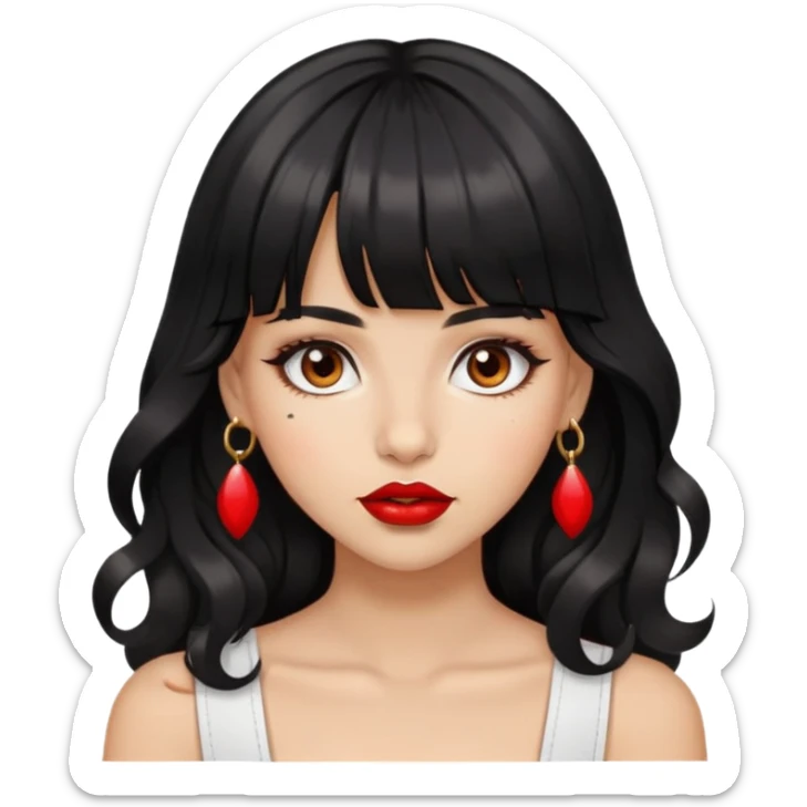 Girl with bangs and brown eyes, red lips, long wavy black hair with piercings sticker