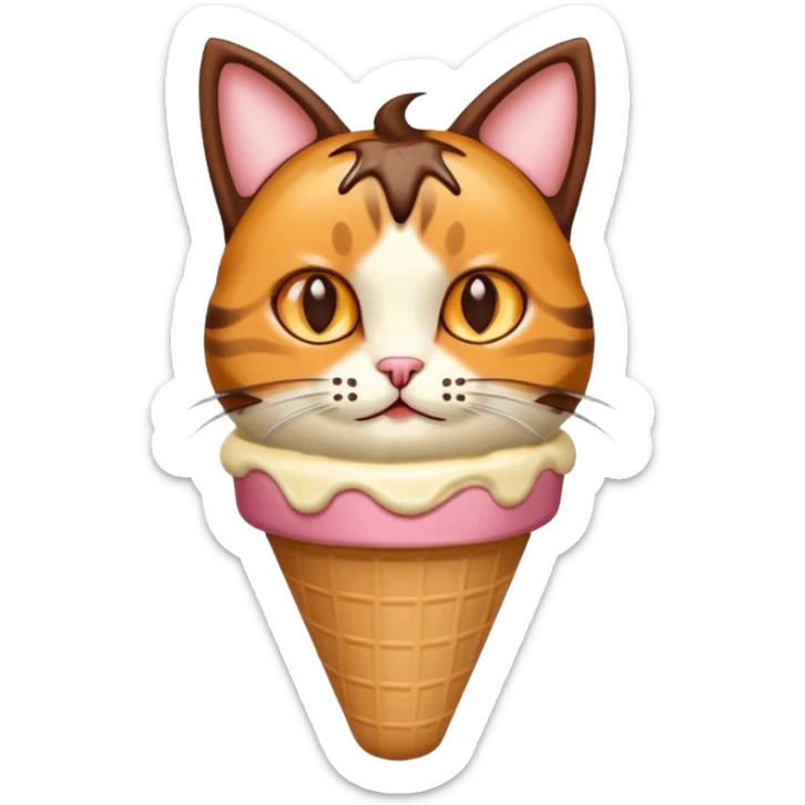 Haz un emoji de un helado de chocolate con sirope naranja, con cara de gato y orejas y bigotes de gato sticker