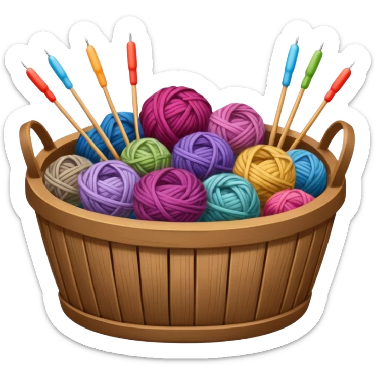 Wooden basket, of different types and colors of wool, with long knitting needles, ultra detailed, realistic, still life.  sticker