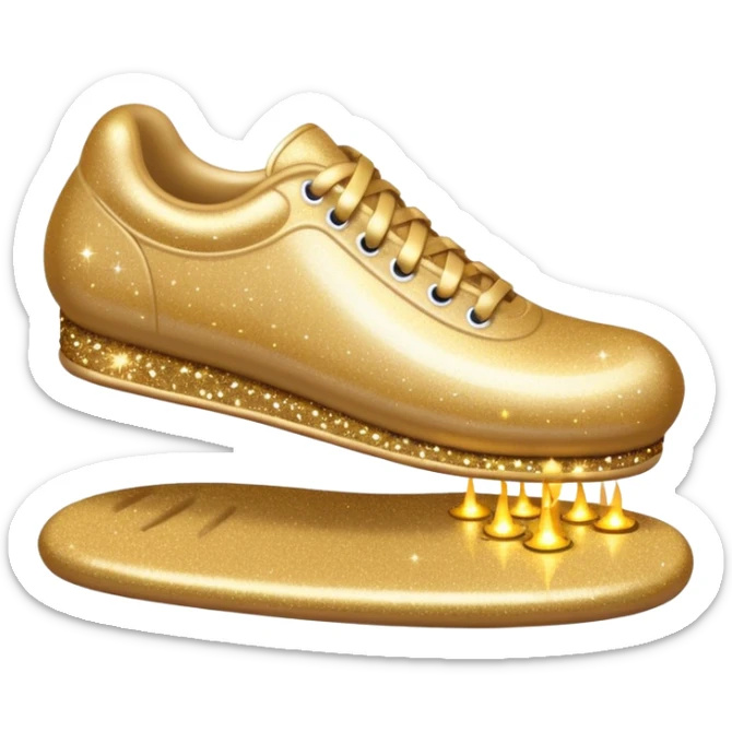 emoji of a human foot pressing on the ground, with two short curved pressure lines under the sole to show the weight, surrounded by shiny glitter sparkles for a bright and sparkling effect, simple cartoon style sticker