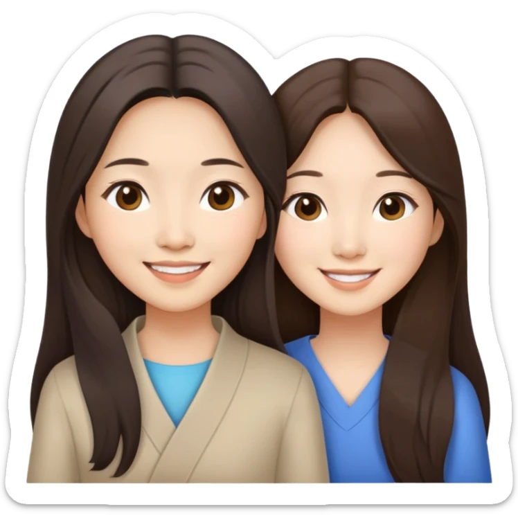 Two Asian sisters long hair brunette younger older pretty smiling sticker
