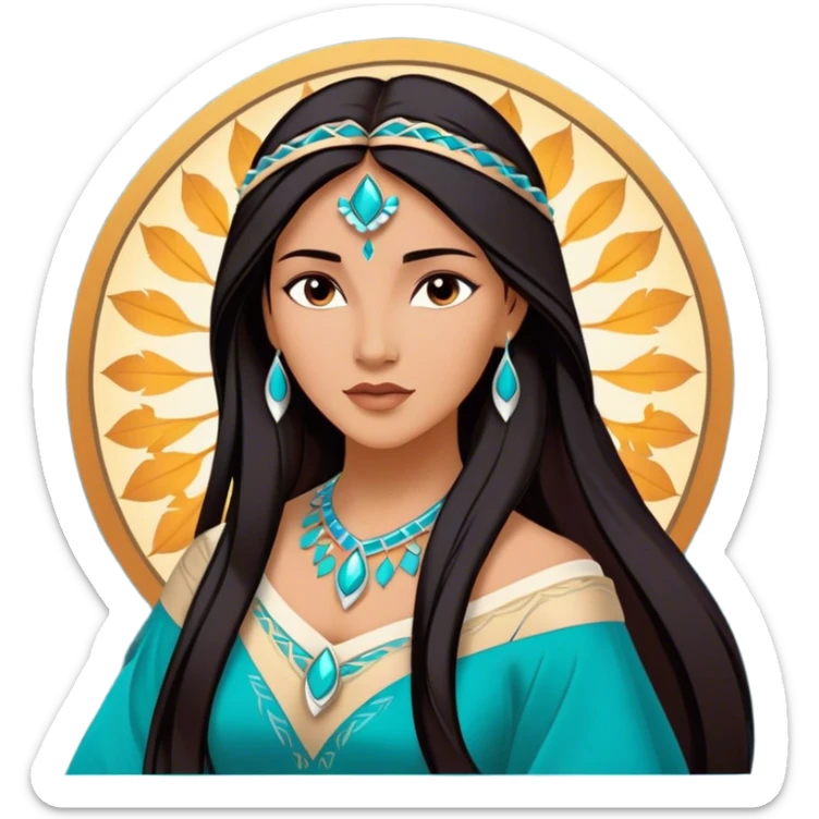Cinematic Majestic Pocahontas Portrait Emoji, rendered in a clean, vector-style with bold shapes. Show Pocahontas with a serene, noble expression, radiant sun-kissed skin, and elegantly flowing dark hair, dressed in traditional garments with subtle turquoise accents. The design radiates a majestic, natural glow, high shine, and a soft glowing outline, capturing her regal beauty. sticker