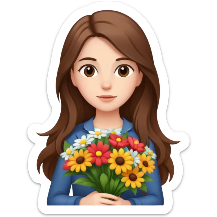 cool girl with long brown hair and fair skin tilting her head to the side while holding a bouquet of flowers sticker