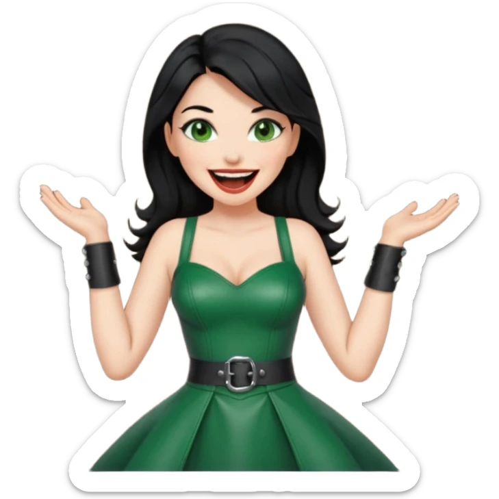 🕵🏻‍♀️💦🧥 black hair , green eyes ,dominatrix dress , laughing  sticker