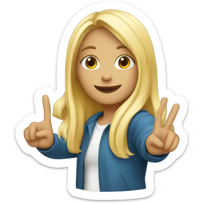 A blond girl doing the pease sign with her hands and a crasy color full backround sticker