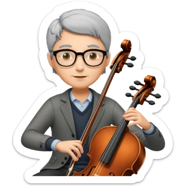 an emoji of my mum playing the cello, she has short black-ish gray hair, wears glasses, she is small sticker