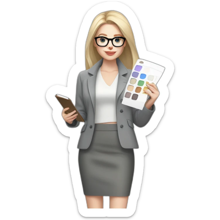 full height pale skin woman with cold blonde straight hair, care haircut, White blouse, Gray oversize jacket, Gray skirt and metal glasses holding a color palette in the hands sticker
