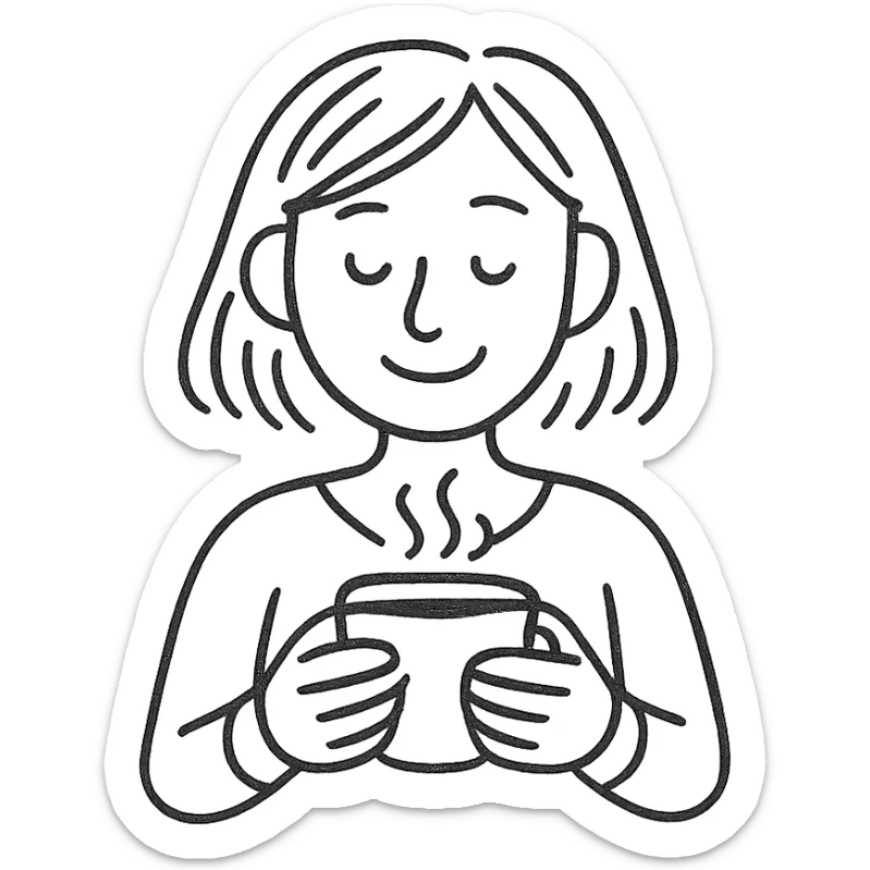 pen-drawn hand sketch style emoji of a woman gently smiling, holding a steaming coffee cup with both hands, casual and simple lines, minimal or no color, cozy and relaxed mood, clear and warm expression sticker