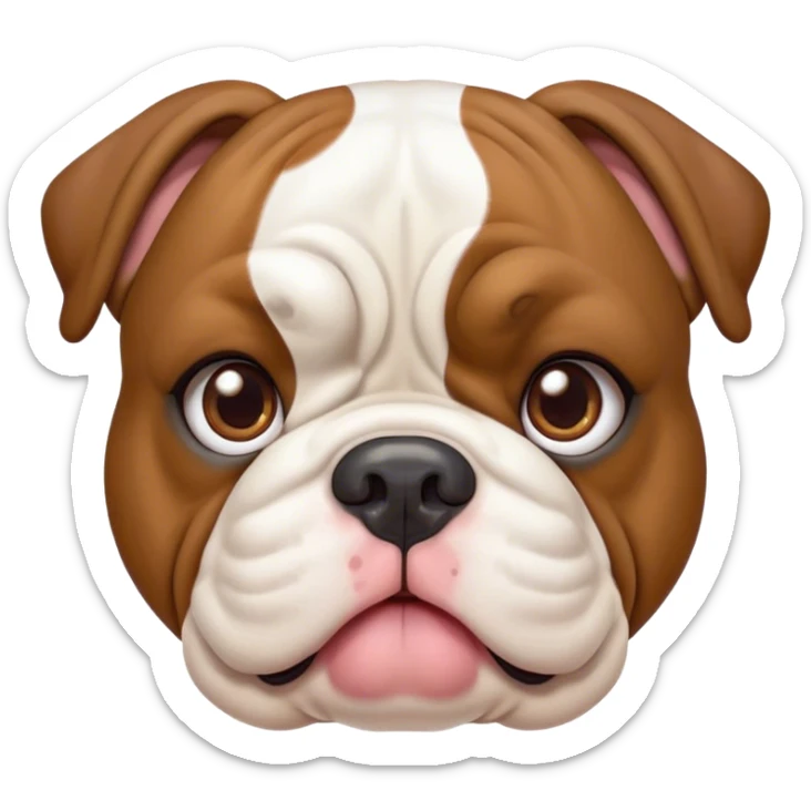 Cinematic Cute Brown and White English Bulldog Portrait Emoji, Head tilted playfully and inquisitively, featuring a glossy brown and white coat with distinct patches, round, sparkling brown eyes filled with curiosity, Simplified yet irresistibly adorable features, highly detailed, glowing with a warm, friendly glow, high shine, affectionate and charming, stylized with a touch of whimsy, bright and endearing, soft glowing outline, capturing the essence of a mischievous yet loving companion, so playful it feels like it could bound out of the screen and into your arms! sticker
