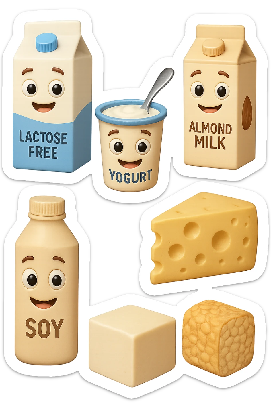 emoji stile iphone 3d di Latte e yogurt delattosati
Latte di mandorla (non zuccherato)
Latte di soia da proteine isolate
Formaggi stagionati (es. parmigiano)
Tofu compatto e tempeh
 che fluttuano in aria, iperealistico 4k sticker