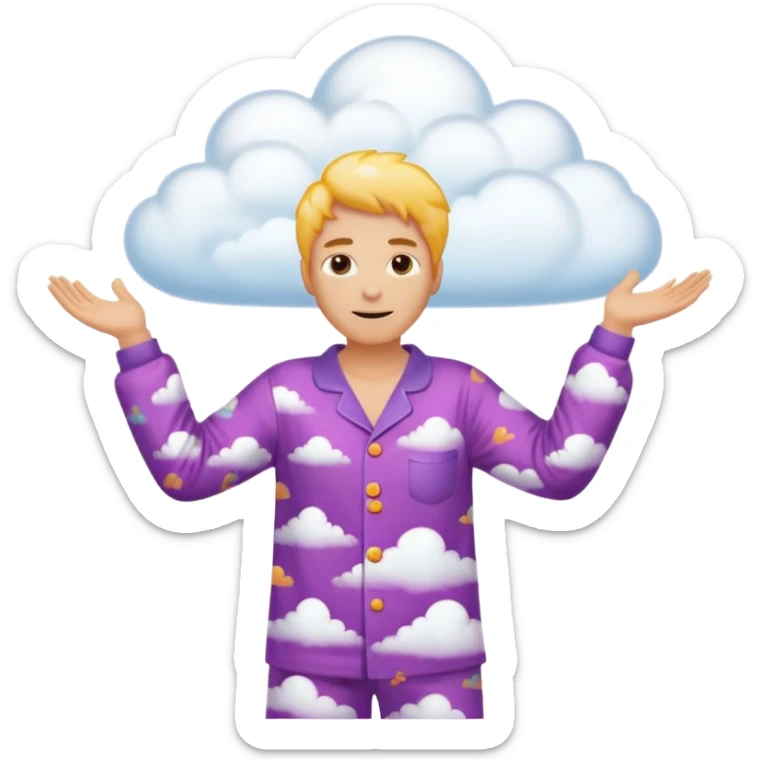 person in pajamas with arms wide, holding a vibrant swirling cloud sticker