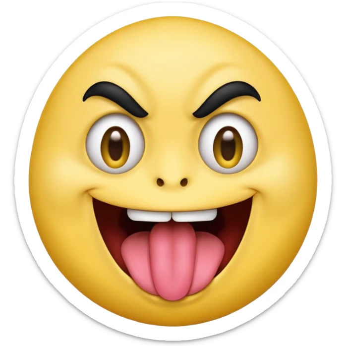 Freaky yellow face emoji smiling really big with huge tongue out and eyes wide open. Tongue should is wagging back and forth. Give him a full head of black hair sticker