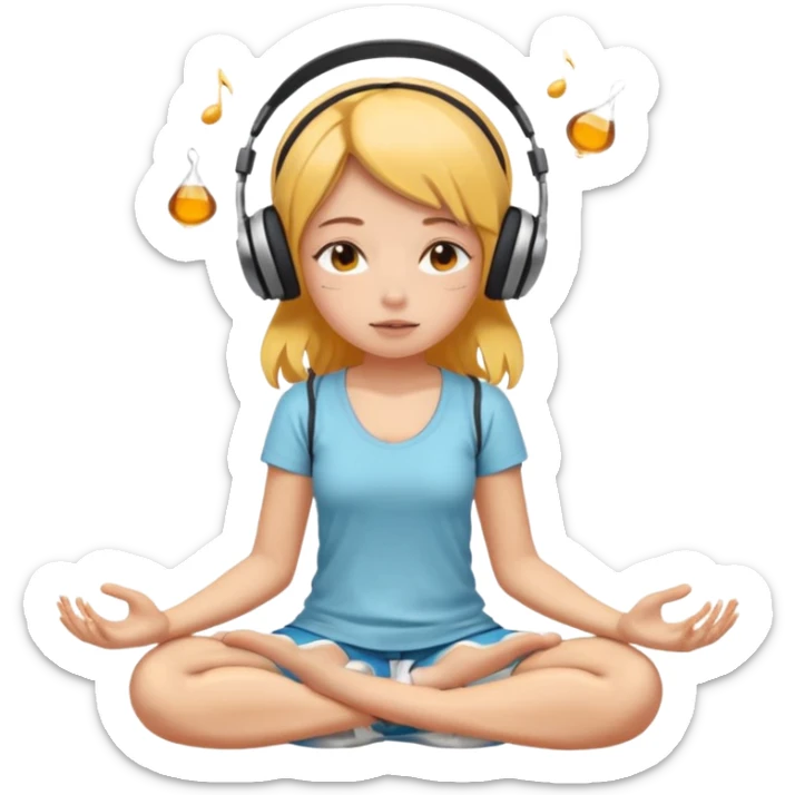 A girl is sitting cross-legged in a meditation pose, wearing headphones and listening to music. The song is so good that honey is dripping from her ears, and her expression is completely dazed because she’s enjoying the music so much. sticker