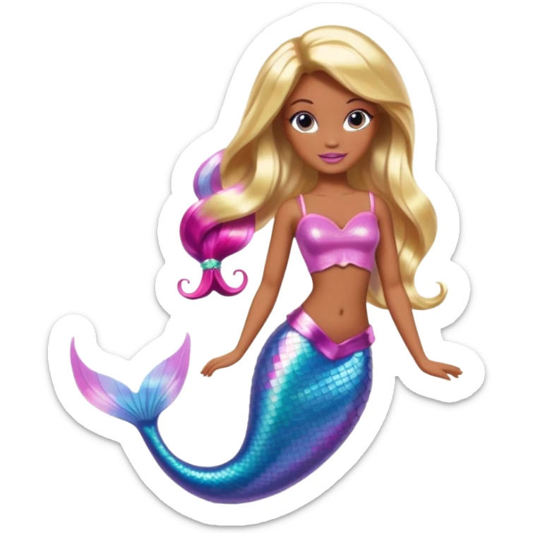 Brown skin blonde hair barbie mermaid with holographic tail and pink highlights in hair  sticker