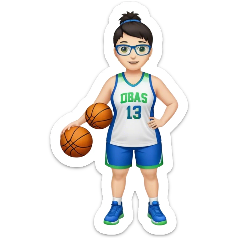 Full Body plus size white female basketball player with short dark hair with highlights spike hair wearing blue glasses  wearing blue green uniform smiling sticker