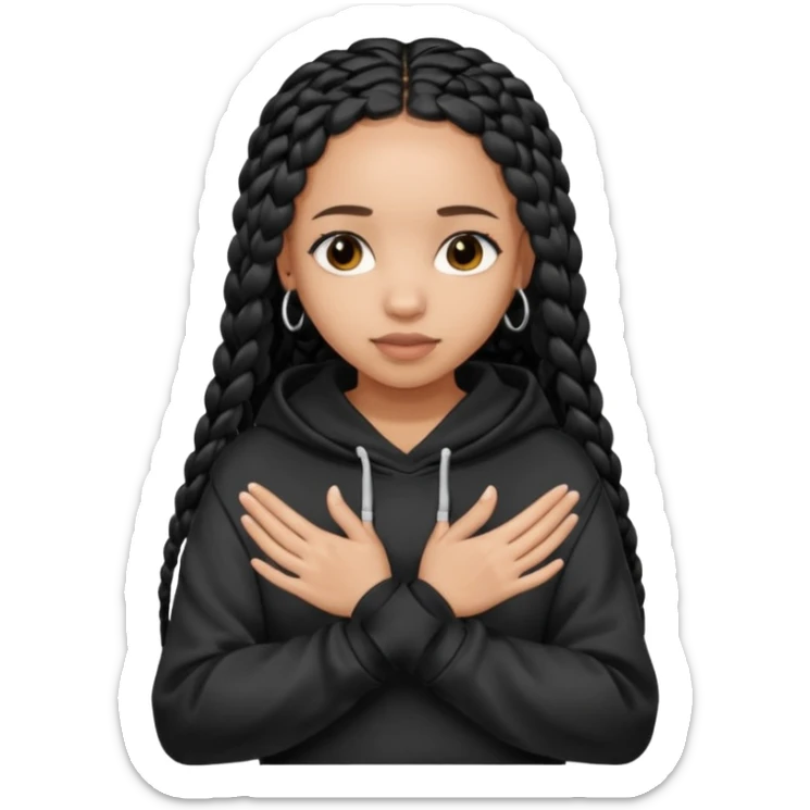 African American light skin girl with long black box braids wearing a black hoodie with hands folded together sticker