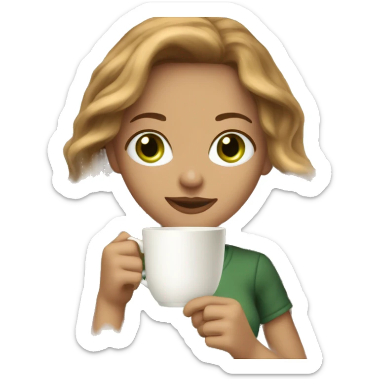 woman with long light brown wavy hair, green eyes, holding a tea cup and a book sticker