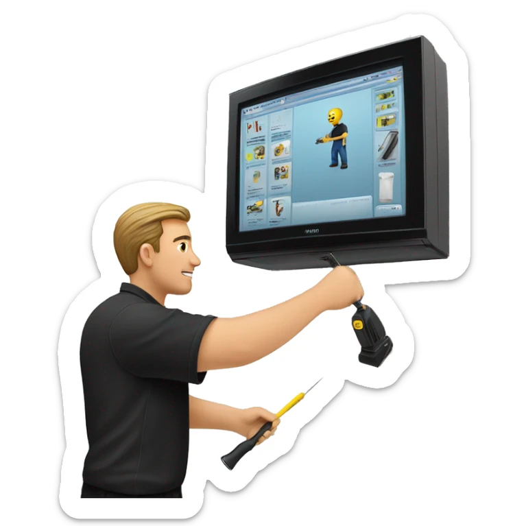 Technician wearing a black polo shirt fixes a TV to a white wall of an exhibition Booth using a screwdriver sticker