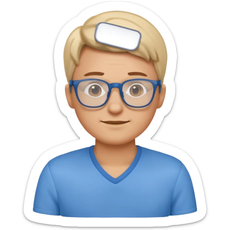 gender neutral character, chest up, blue shirt, glasses, simple emoji style sticker