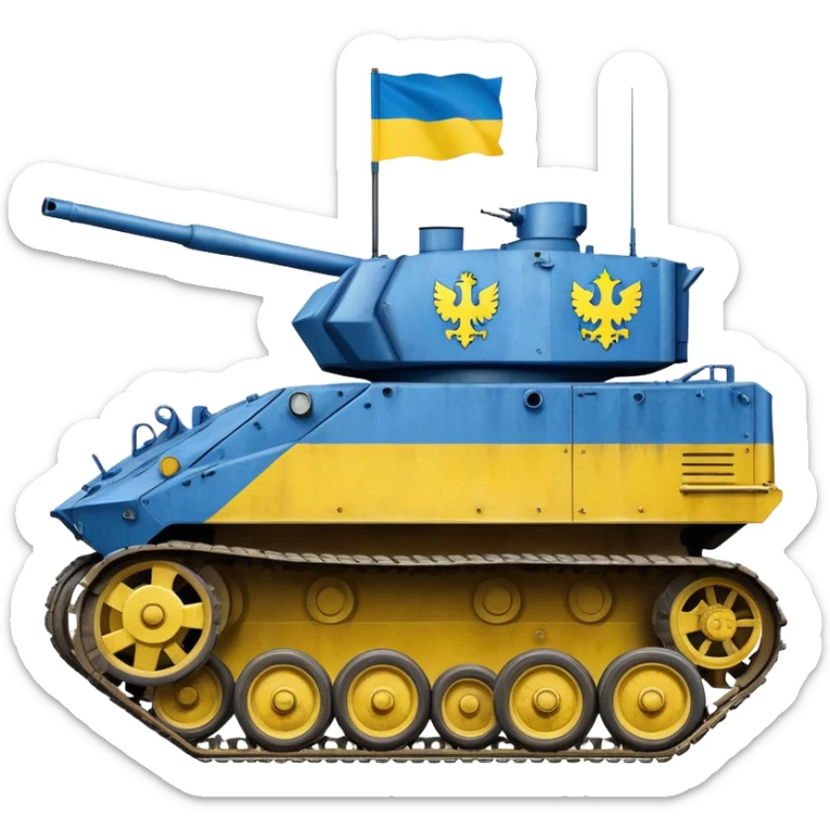 Tank with Ukrainian blue and yellow flag colors, military combat vehicle sticker