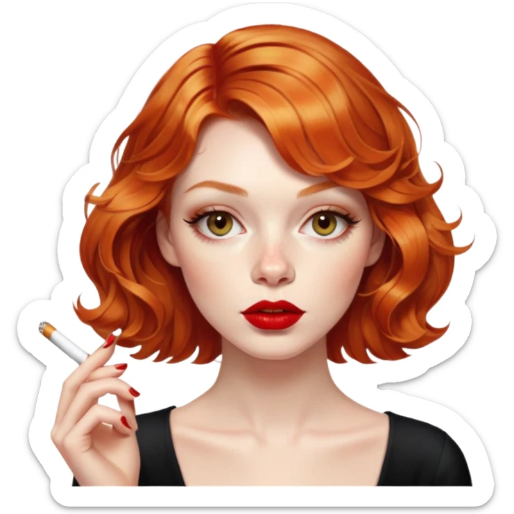 Alluring ginger French girl french shiny wavy textured bob haircut tousled hair red lips smoking cigarette sticker