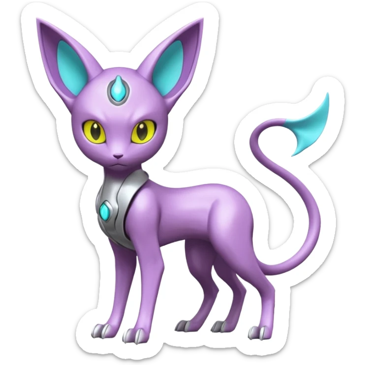 Mechanical Miraidon-Espeon-Mewtwo-Fakémon-hybrid-creature (full body)  with yellow eyes and cyan markings sticker
