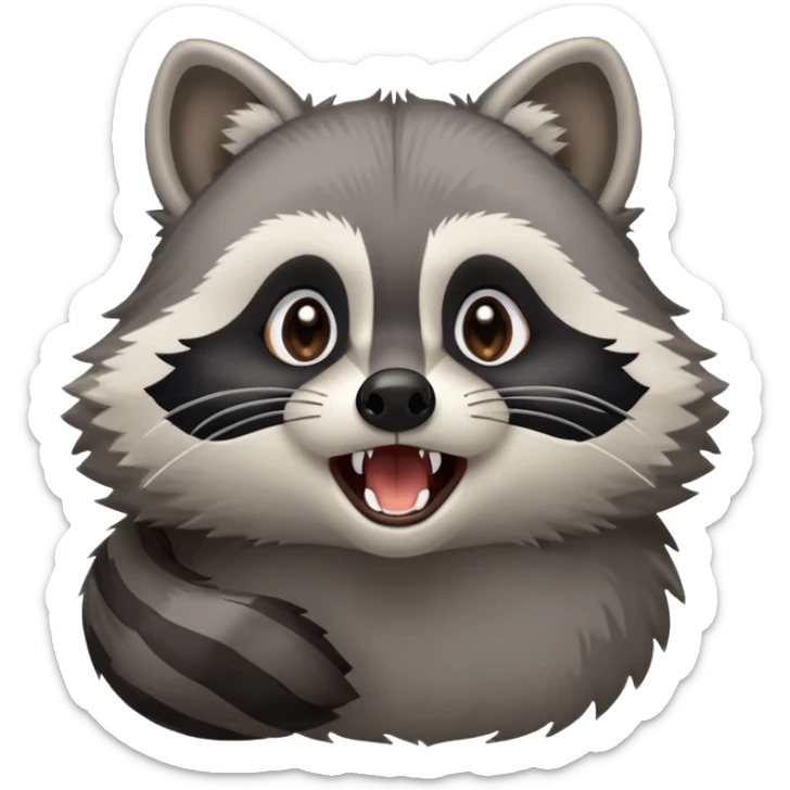 Cinematic-Cute-Yawning-Raccoon-Portrait-Emoji – Head tilted slightly with a dramatic, wide-open yawn, revealing a soft grey and black fur coat with a striped bushy tail, round brown eyes barely open in drowsy curiosity. sticker