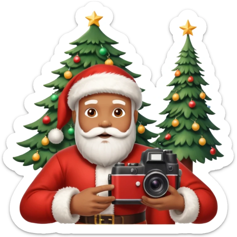 Homme photographe noir, week-end détente, équipé d’un appareil photo pro. Dans un décor Noël chaleureux, Père Noël à côté, sapin illuminé, lumières douces.  Ambiance festive, réaliste, couleurs nettes sticker