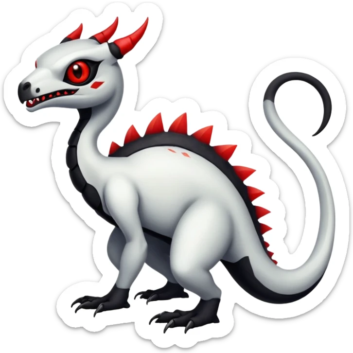 a white exotic edgy vernid-fionbr-Fakémon-creature, with black belly and red eyes, full body sticker