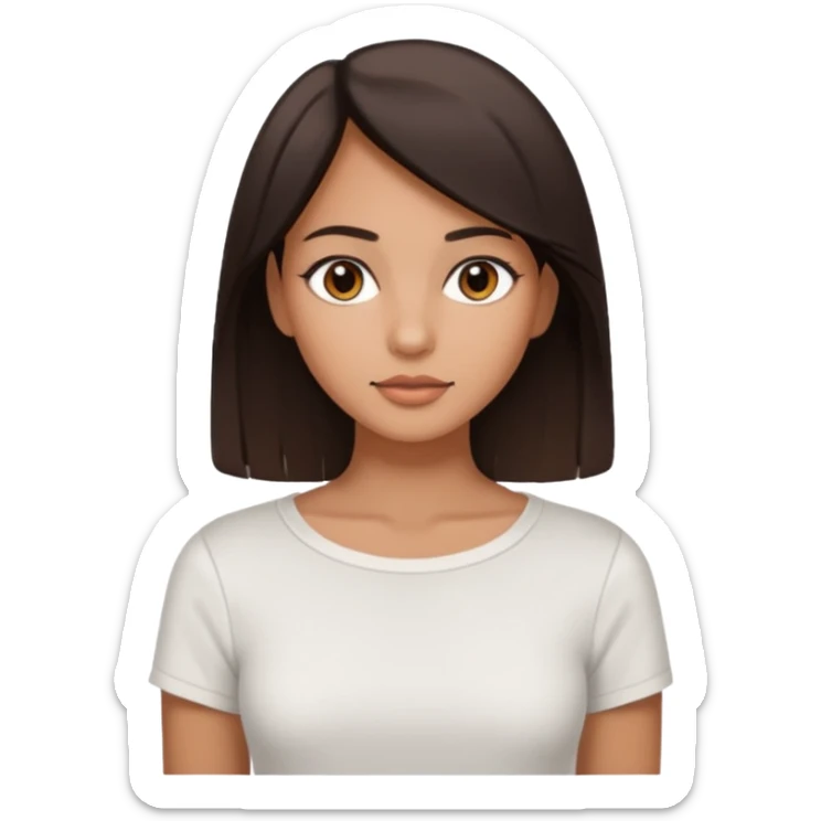 Koyu saçlı, genç bir kadın. Ten rengi buğday. Gözleri kahverengi. Saçları düz (veya kıvırcık) ve orta uzunlukta. Soft makyajlı, sade stil. sticker