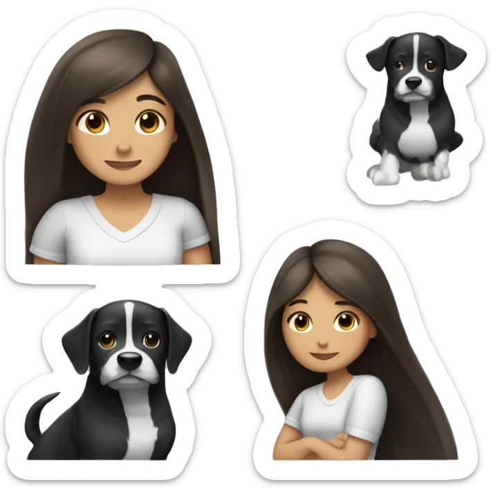 Brunette girl with long straight hair hugging a black and white dog sticker