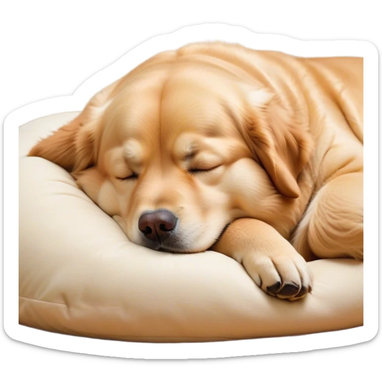 Cinematic Meme-Worthy Chubby Sleeping Golden Retriever Portrait Emoji, Head resting peacefully with a contented smile, showcasing a delightfully chubby build and a luxuriously soft golden coat, eyes shut in a serene nap, Simplified yet hilariously adorable features, highly detailed, glowing with a soft, drowsy light, high shine, relaxed and utterly lovable, stylized with an air of playful laziness, bright and heartwarming, soft glowing outline, capturing the essence of a comically sleepy companion, so meme-worthy it feels like it could instantly become the next viral sensation of adorable slumber! sticker