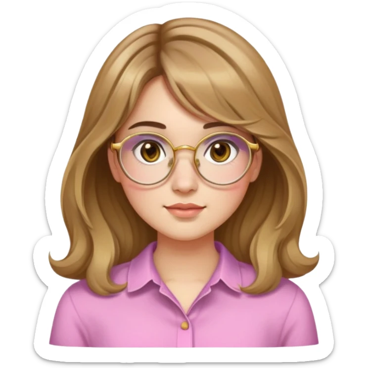young adult woman with light skin, round face, prominent cheeks, medium plump body, long light brown hair with golden highlights, voluminous and wavy, long bangs over eyebrows, large octagonal glasses with thin golden or light pink frame, casual dark shirt sticker