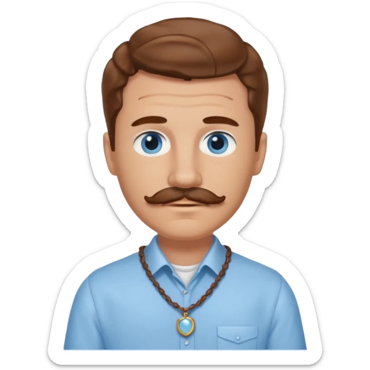 Benson Boone blue eyes, brown wavy hair and mustache, light blue dress shirt with necklace sticker