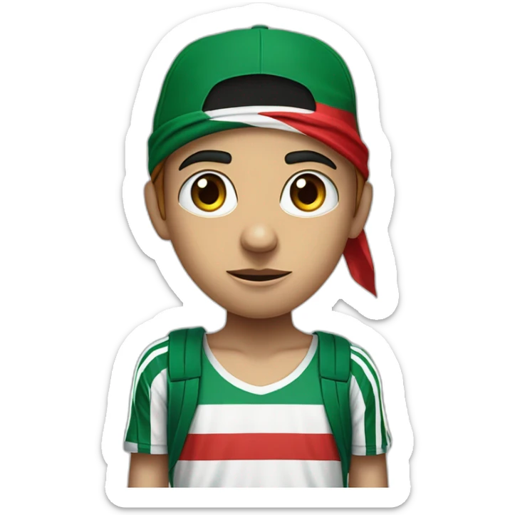 An angry and upset boy wearing Adidas three-striped pants and a shirt that says "Free Palestine" and an Islamic hat with the Palestinian flag painted on his face. sticker