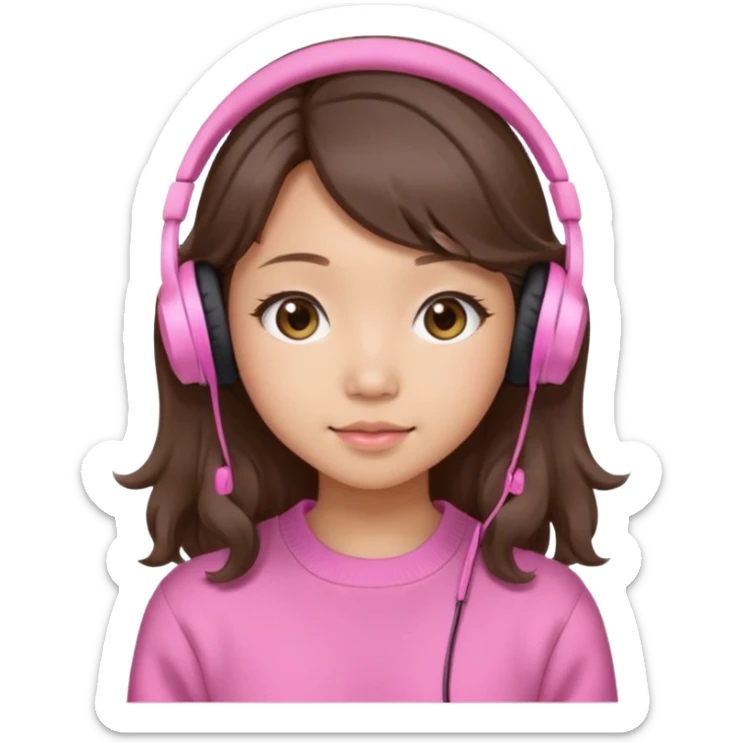 a asian japanese girl with wavy silky brown hair and no bangs. she has a cute pink gaming headphones. she is wearing a cute pink sweater  sticker
